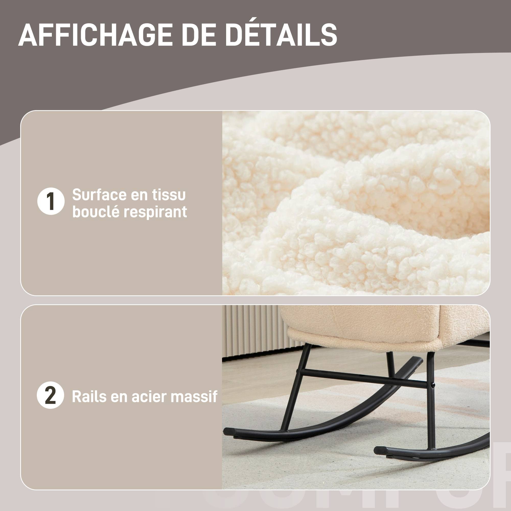 Fauteuil à bascule, chaise à bascule, avec assise de 10 cm d'épaisseur, pieds incurvés en acier, beige et noir - Image 8