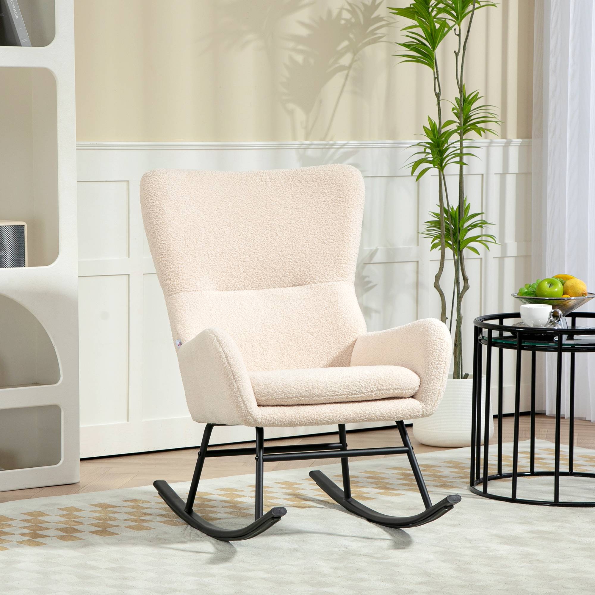 Fauteuil à bascule, chaise à bascule, avec assise de 10 cm d'épaisseur, pieds incurvés en acier, beige et noir - Image 4