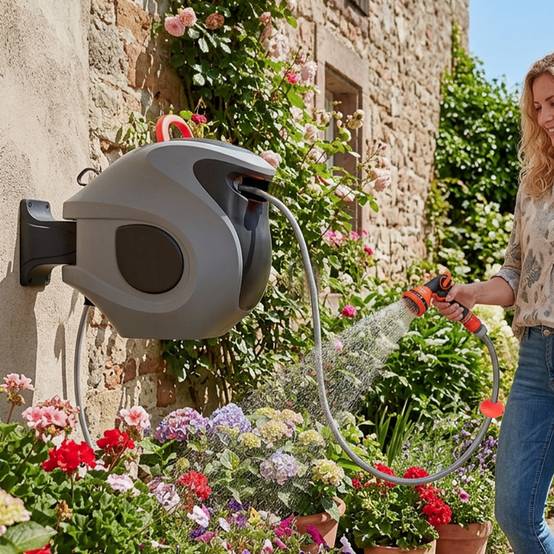 Dévidoir mural automatique plastique PP jardin pistolet 9 jets rotation 180° 30m gris rouge - ComfortXL Outdoor Living - Image 1