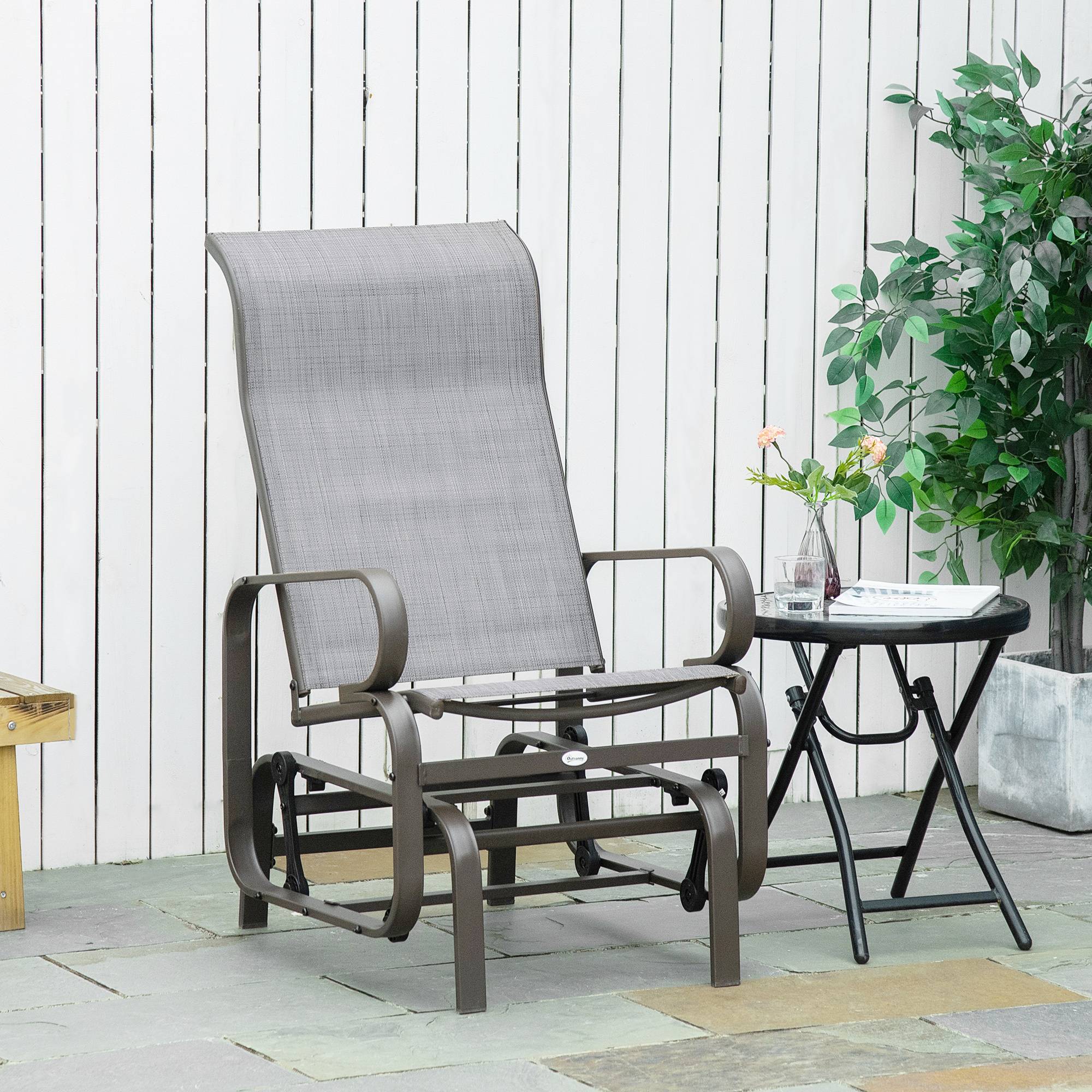 Fauteuil à bascule de jardin, fauteuil de relaxation extérieur, textéline Gris+Marron, 60 x 78 x 105 cm, pour terrasse et balcon - Image 2
