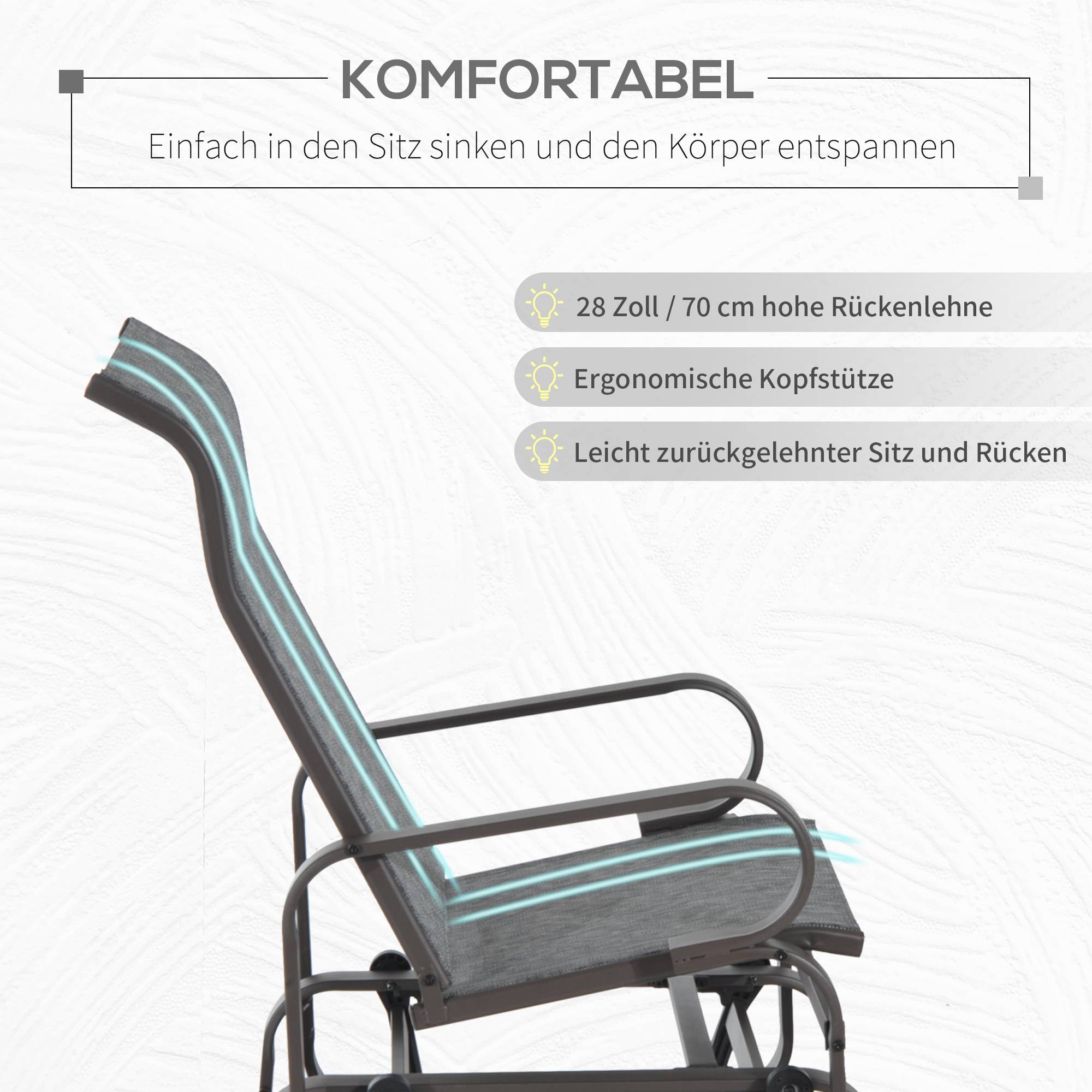 Fauteuil à bascule de jardin, fauteuil de relaxation extérieur, textéline Gris+Marron, 60 x 78 x 105 cm, pour terrasse et balcon - Image 5