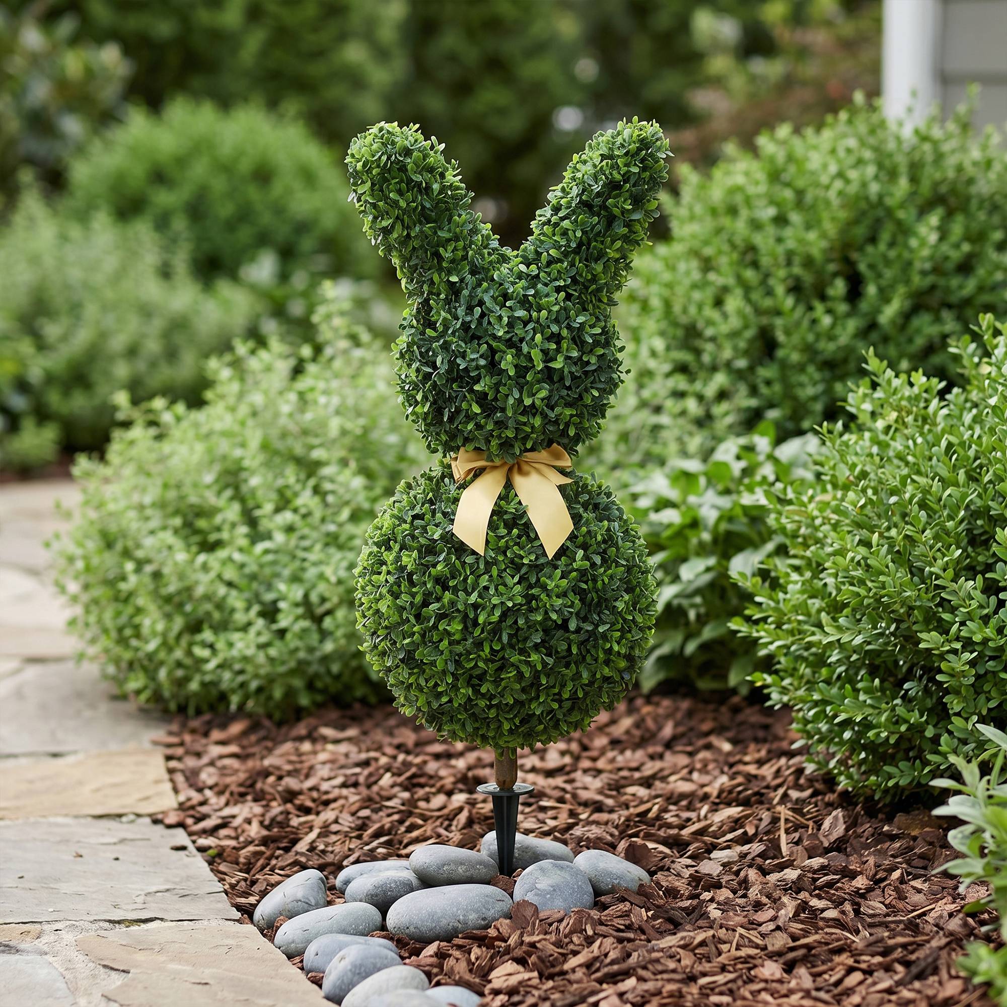 Buis artificiel en forme de lapin, 740 feuilles, intérieur/extérieur, avec ancrage sol, 83 cm, vert - Image 10