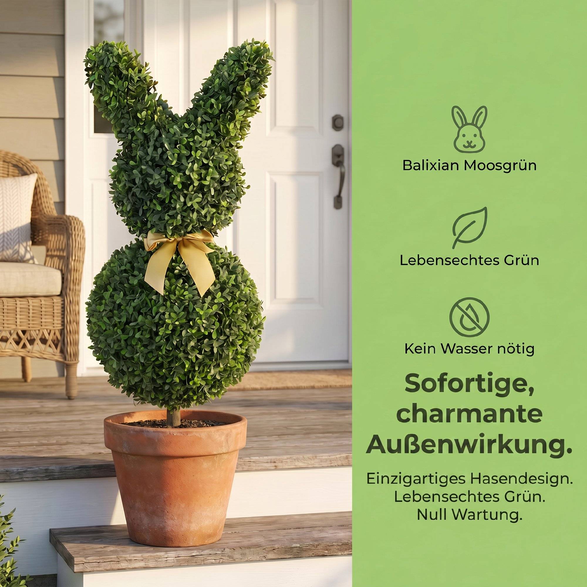 Buis artificiel en forme de lapin, 740 feuilles, intérieur/extérieur, avec ancrage sol, 83 cm, vert - Image 8