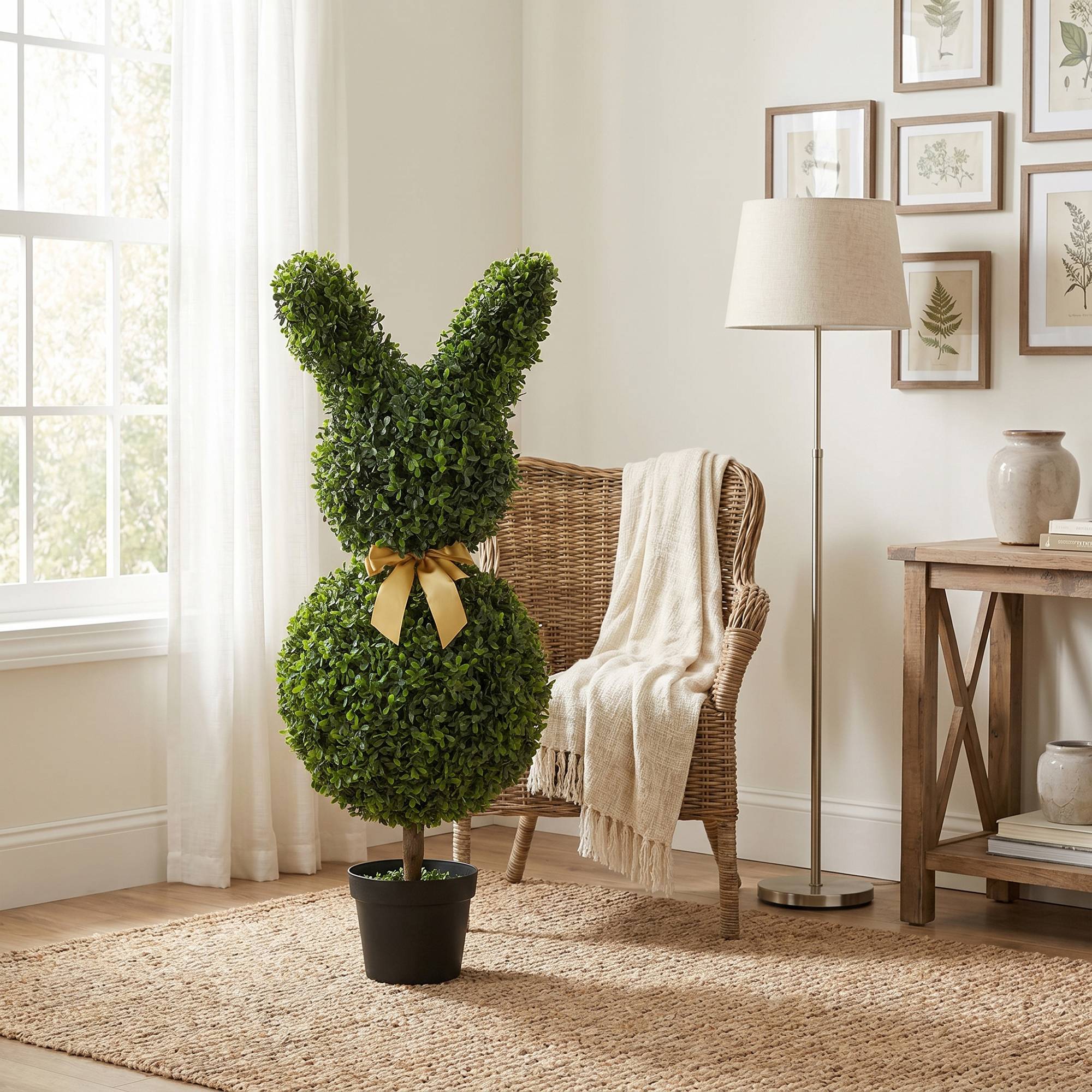 Buis artificiel en forme de lapin, 740 feuilles, intérieur/extérieur, avec ancrage sol, 83 cm, vert - Image 3
