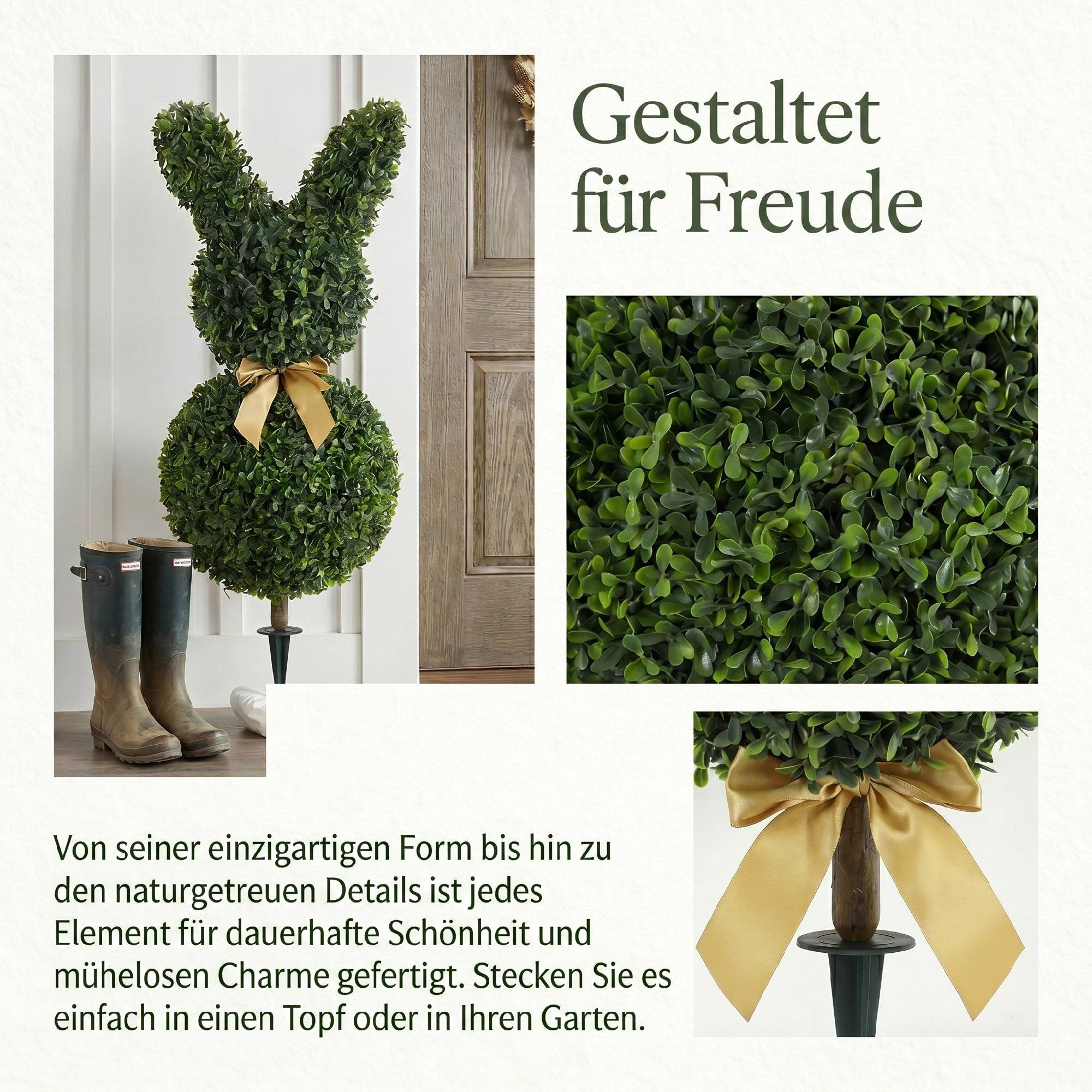 Buis artificiel en forme de lapin, 740 feuilles, intérieur/extérieur, avec ancrage sol, 83 cm, vert - Image 6