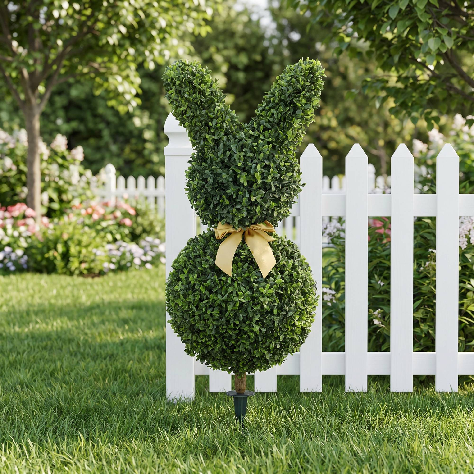 Buis artificiel en forme de lapin, 740 feuilles, intérieur/extérieur, avec ancrage sol, 83 cm, vert - Image 9