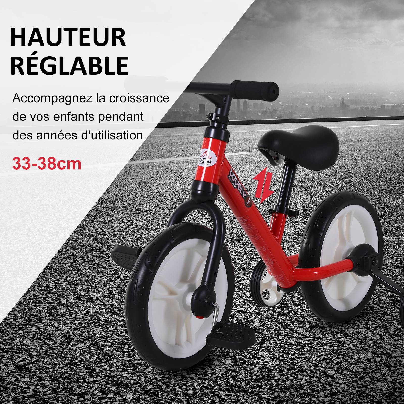 Vélo Enfant draisienne 2 en 1 roulettes et pédales Amovibles Roues 12" Hauteur Selle réglable pour enfants de 2 à 5 ans Acier Rouge - Image 6