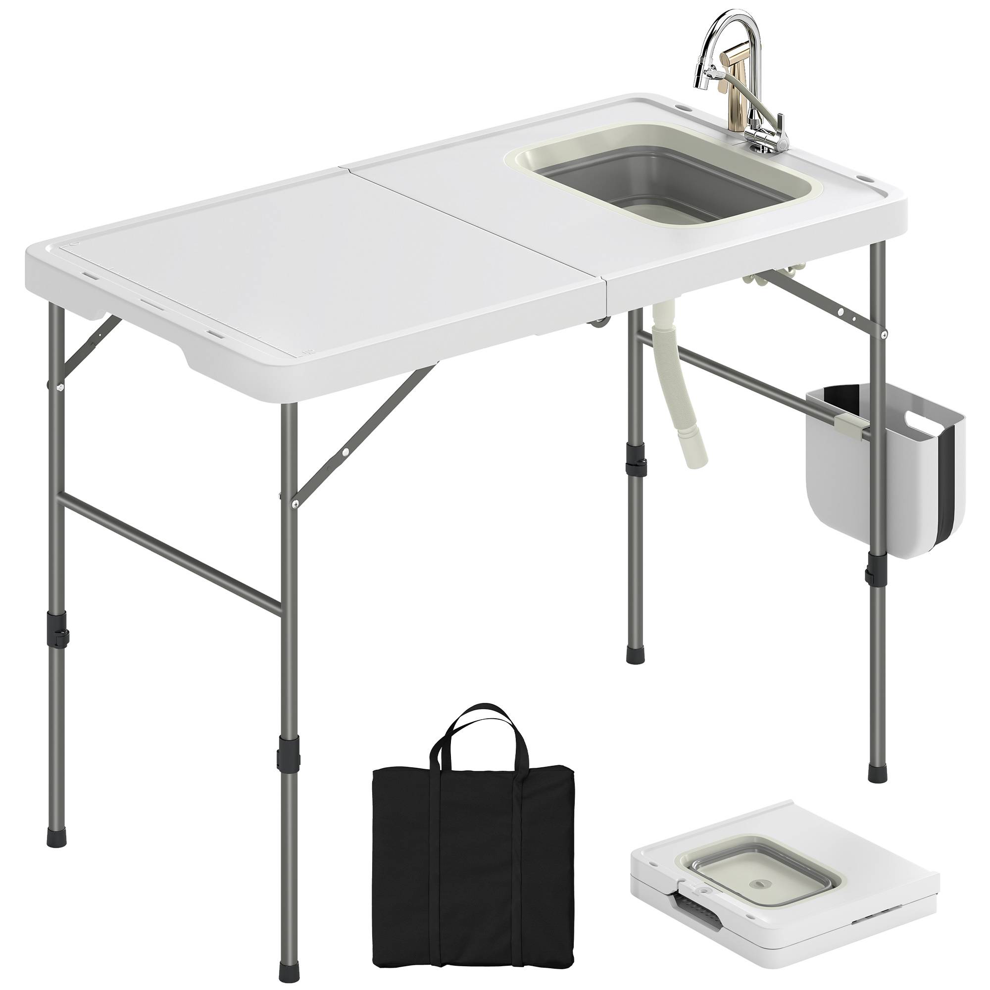 Table de nettoyage de poisson pliante avec hauteur réglable, évier, robinet, tuyau, panier pliant, fentes et sac - Image 1