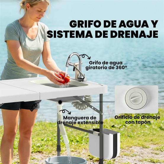 Table de nettoyage de poisson pliante avec hauteur réglable, évier, robinet, tuyau, panier pliant, fentes et sac - Image 6