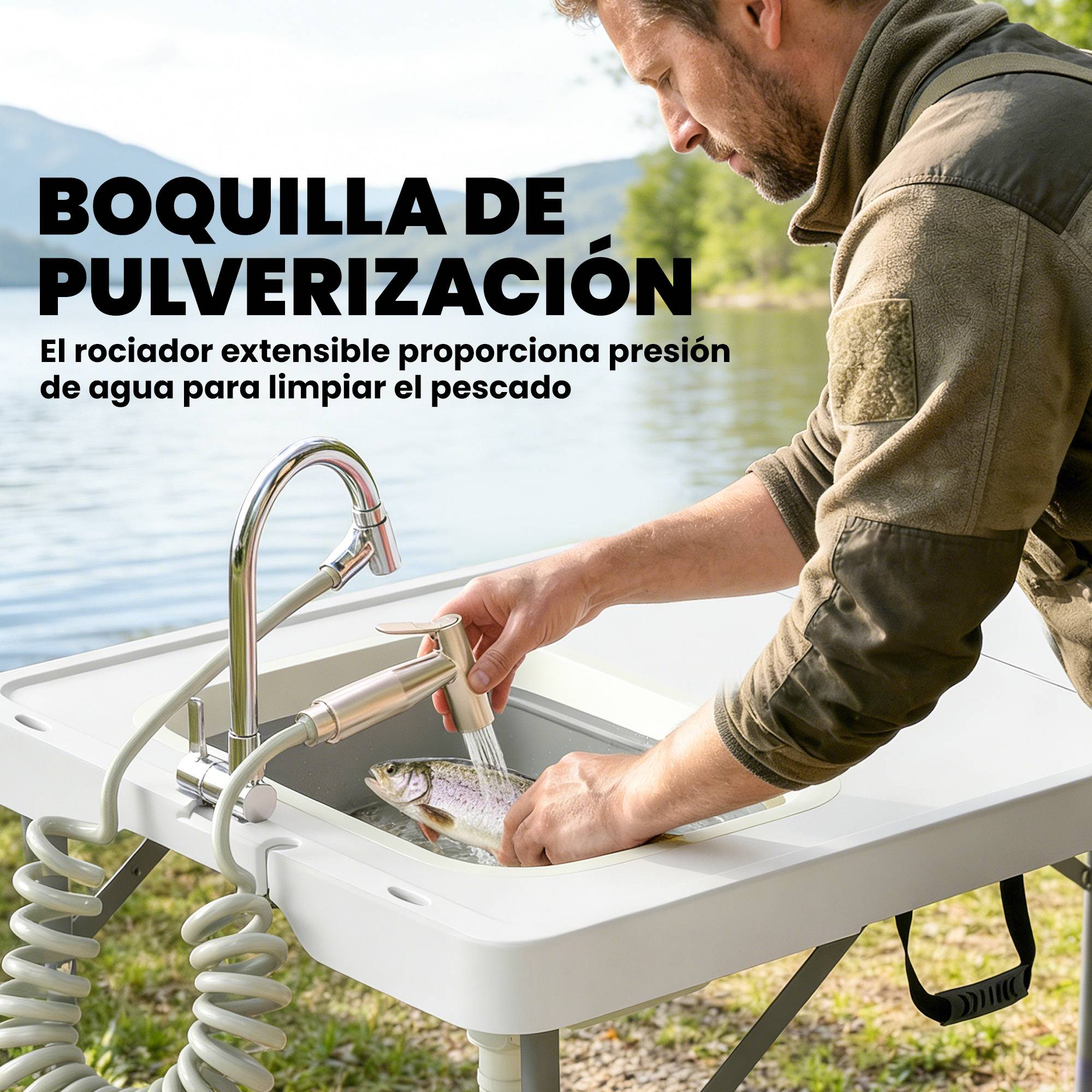 Table de nettoyage de poisson pliante avec hauteur réglable, évier, robinet, tuyau, panier pliant, fentes et sac - Image 7