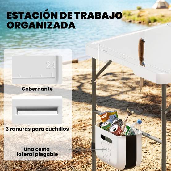 Table de nettoyage de poisson pliante avec hauteur réglable, évier, robinet, tuyau, panier pliant, fentes et sac - Image 9
