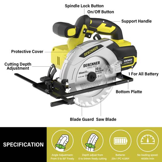 Teeno - Scie Circulaire Sans Fil,Scie Circulaire Pour le Bois 4000RPM,4,0Ah Batterie,Profondeur de Coupe Max: 54mm-38mm,3 Lame +Sac en Toile - Image 2