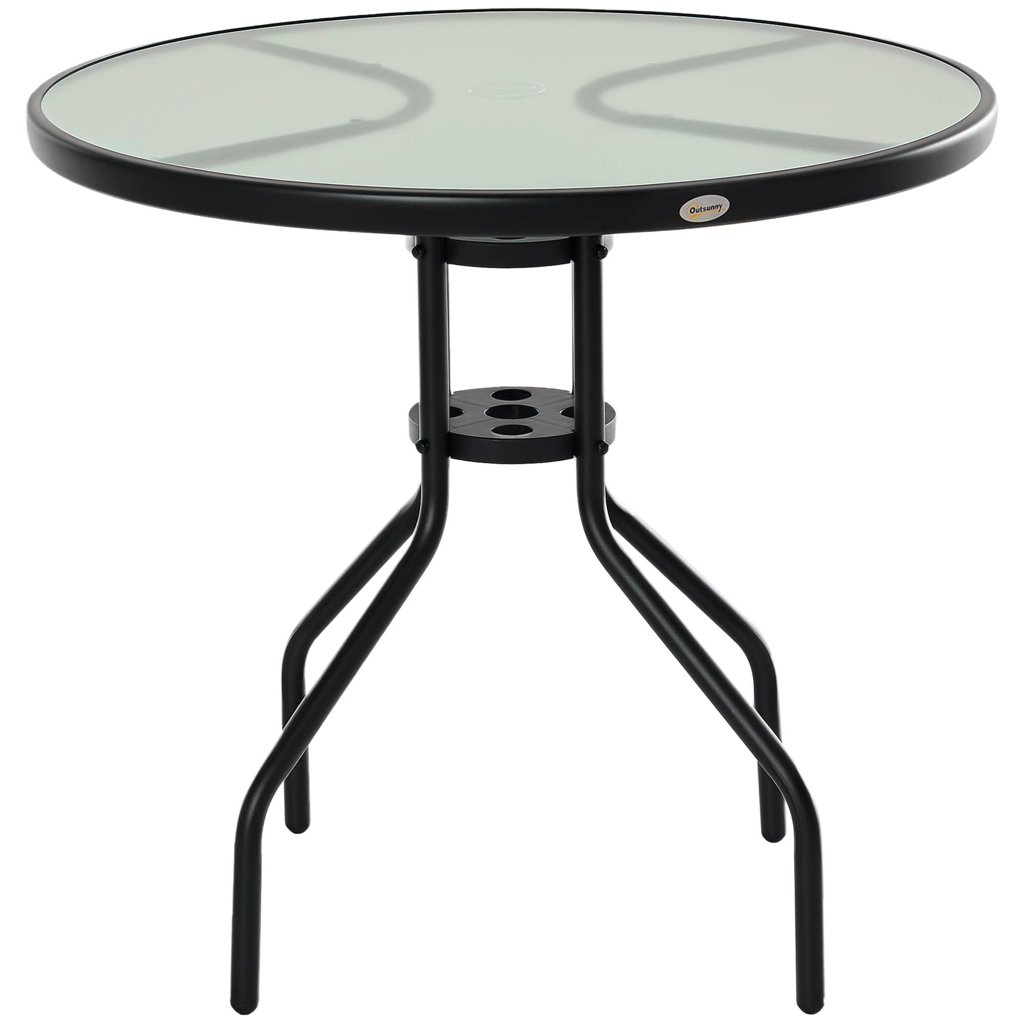 Table Ronde Bistro de Jardin Ø 80 x 72H cm Espace Installation Parasol Acier époxy Noir Plateau Verre trempé