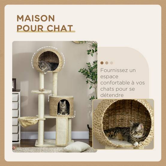 Arbre à chat sisal naturel pour intérieur 2 niches hamac 60x60x150cm beige - ComfortXL Outdoor Living - Image 6