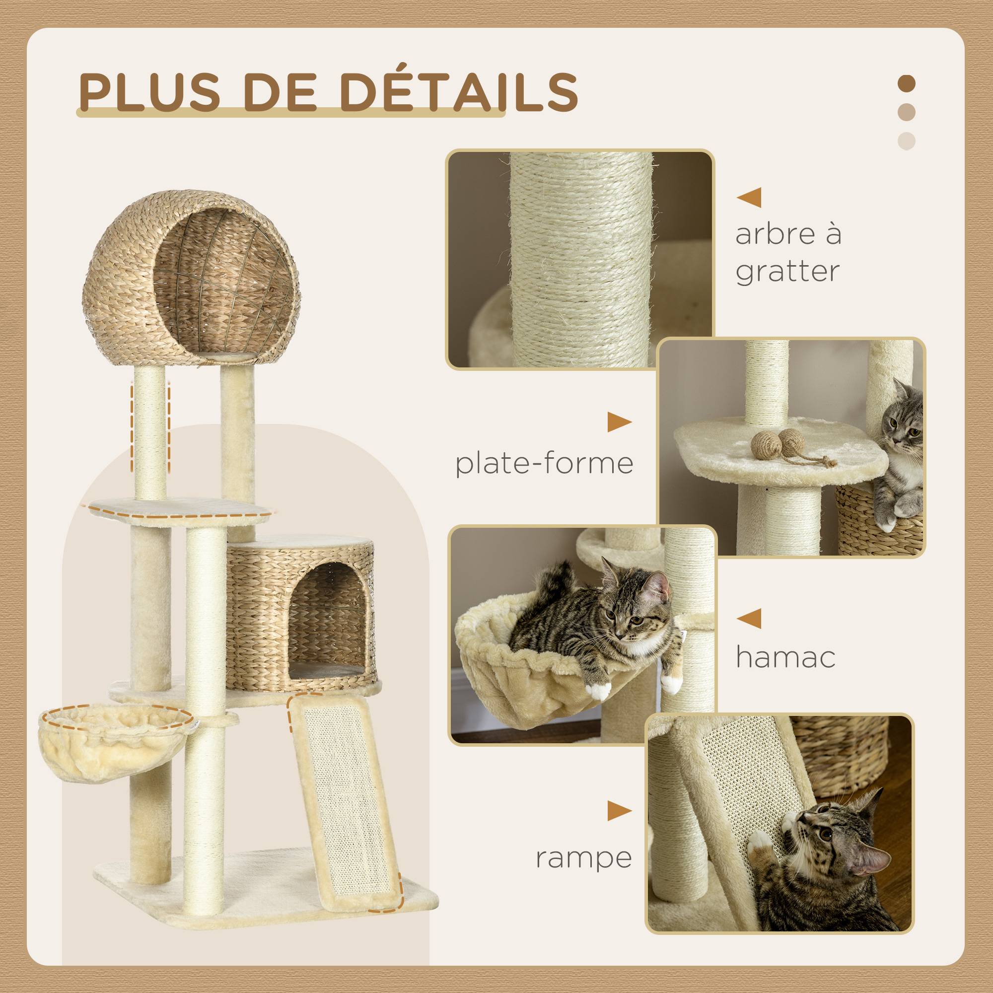 Arbre à chat sisal naturel pour intérieur 2 niches hamac 60x60x150cm beige - ComfortXL Outdoor Living - Image 7