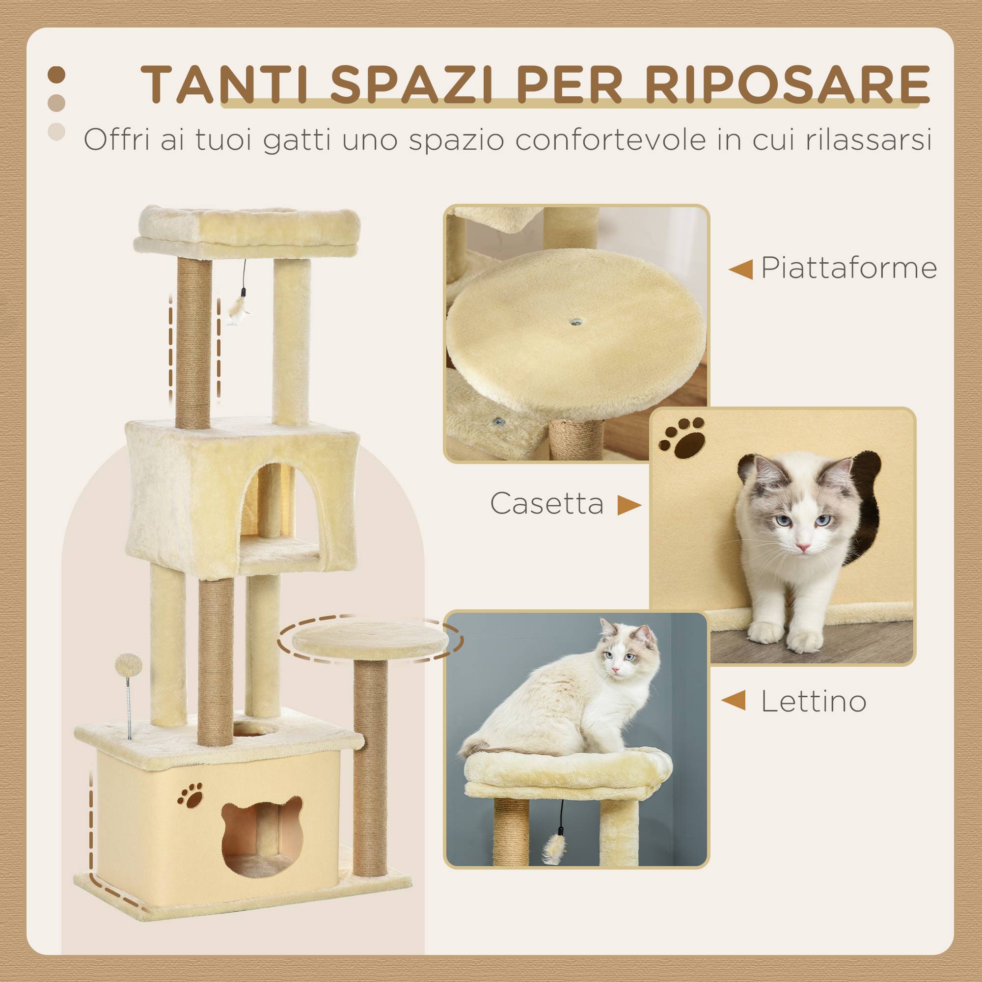 Griffoir pour chat de 136 cm avec niche, maison et couchage amovibles, poteaux en jute, beige - Image 6