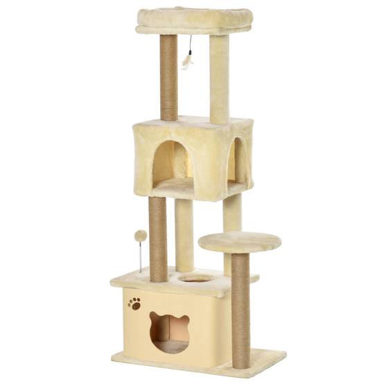 Griffoir pour chat de 136 cm avec niche, maison et couchage amovibles, poteaux en jute, beige - Image 2