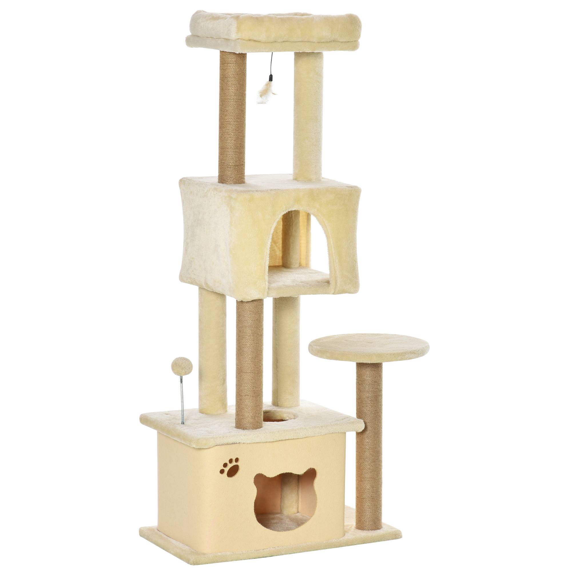 Griffoir pour chat de 136 cm avec niche, maison et couchage amovibles, poteaux en jute, beige - Image 1