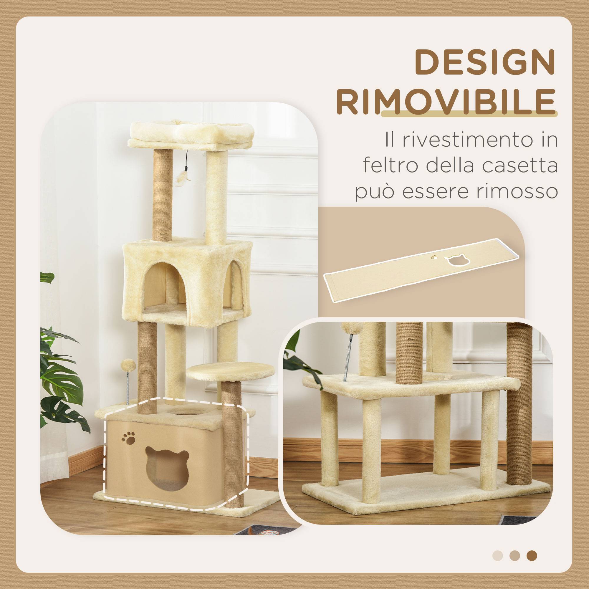 Griffoir pour chat de 136 cm avec niche, maison et couchage amovibles, poteaux en jute, beige - Image 9
