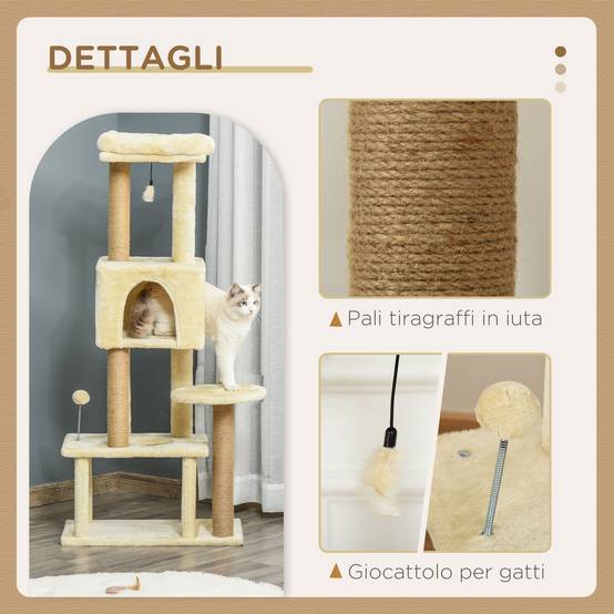 Griffoir pour chat de 136 cm avec niche, maison et couchage amovibles, poteaux en jute, beige - Image 7