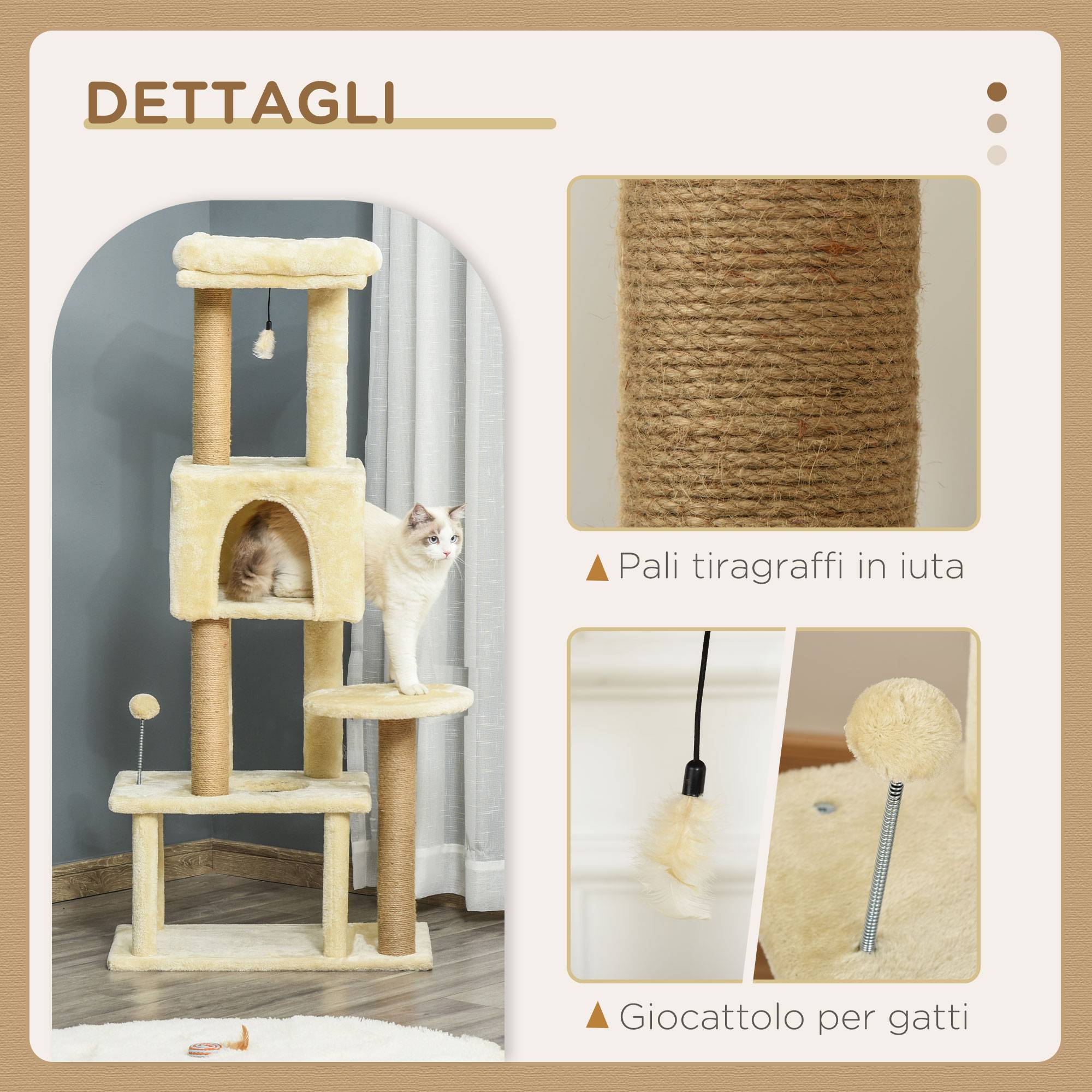 Griffoir pour chat de 136 cm avec niche, maison et couchage amovibles, poteaux en jute, beige - Image 7