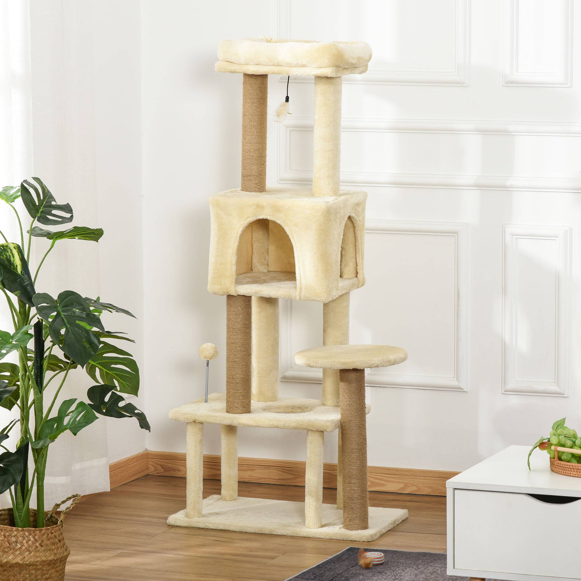 Griffoir pour chat de 136 cm avec niche, maison et couchage amovibles, poteaux en jute, beige - Image 4