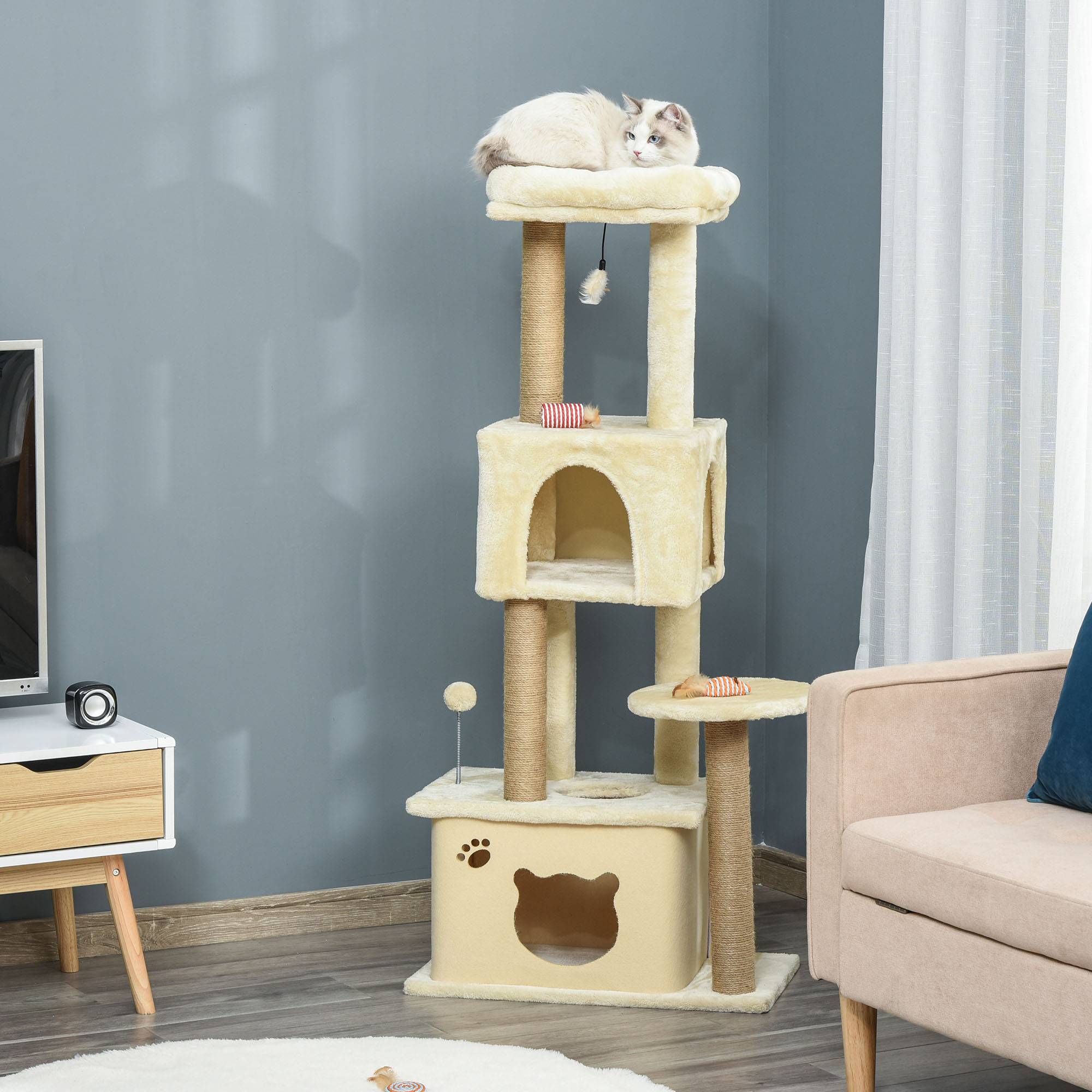 Griffoir pour chat de 136 cm avec niche, maison et couchage amovibles, poteaux en jute, beige - Image 3