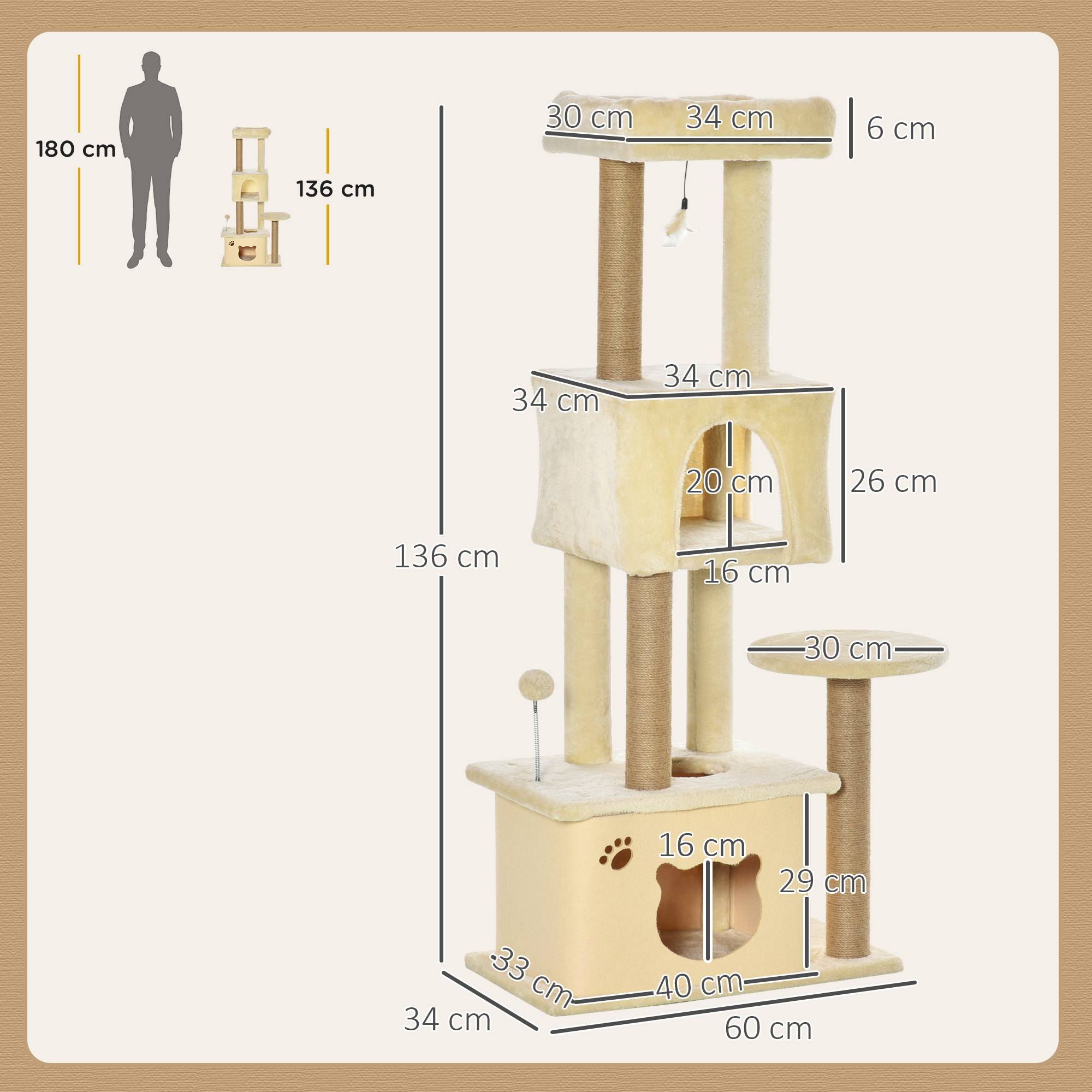 Griffoir pour chat de 136 cm avec niche, maison et couchage amovibles, poteaux en jute, beige - Image 5