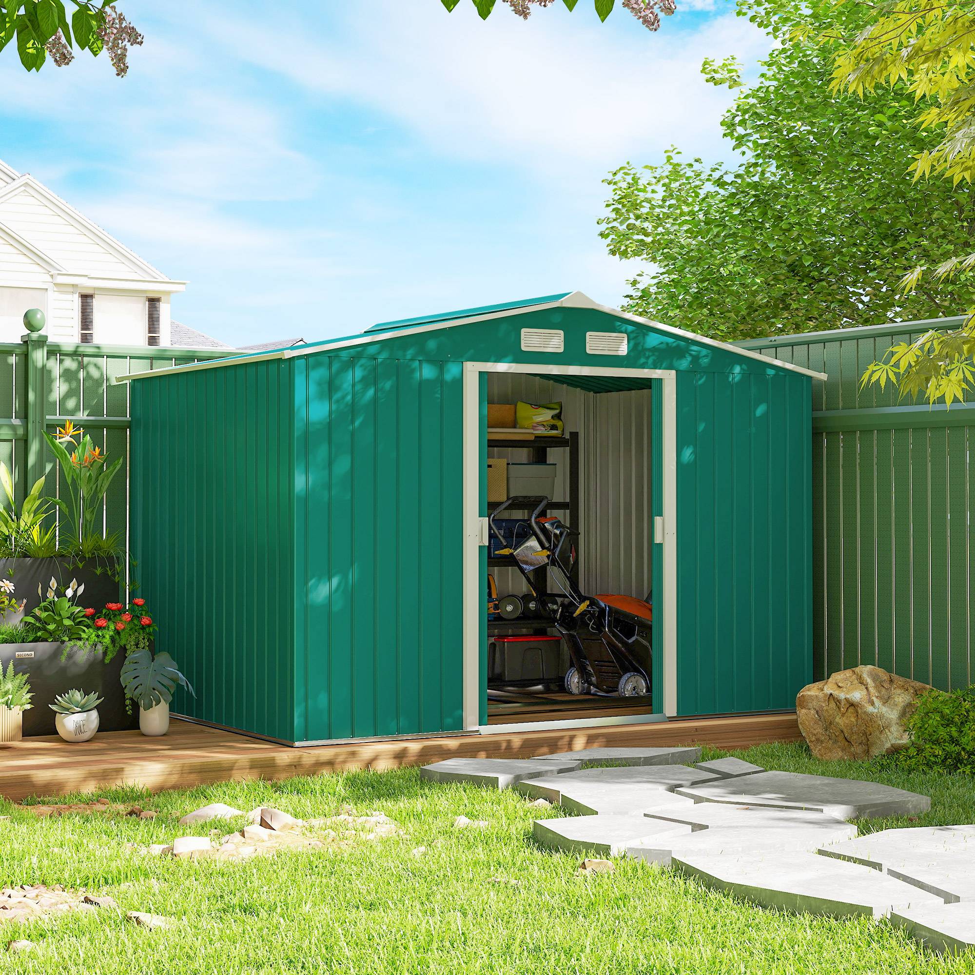 Abri vert foncé 4,9 m² 277x195x192 cm avec 2 portes coulissantes et base renforcée, grand rangement jardin design pratique et robuste - Image 4