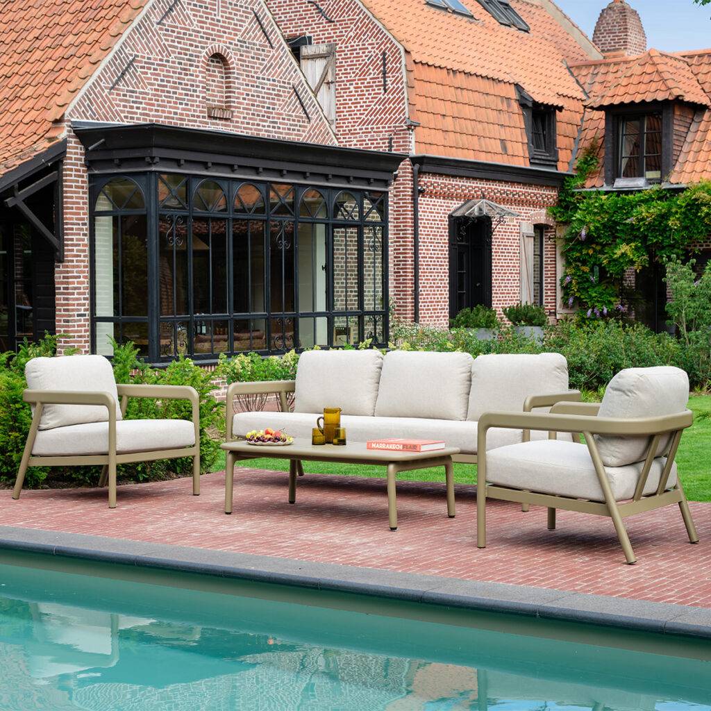 Wilsa Garden - Salon de jardin bas 5p en aluminium Kaki clair et tissu Beige chiné LINDOS - Image 1