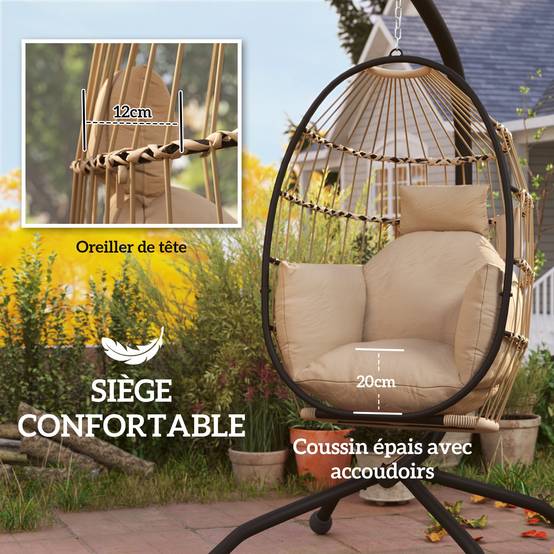 Fauteuil œuf suspendu acier tressé pour terrasse panier pliable coussin rembourré kaki - ComfortXL Outdoor Living - Image 6