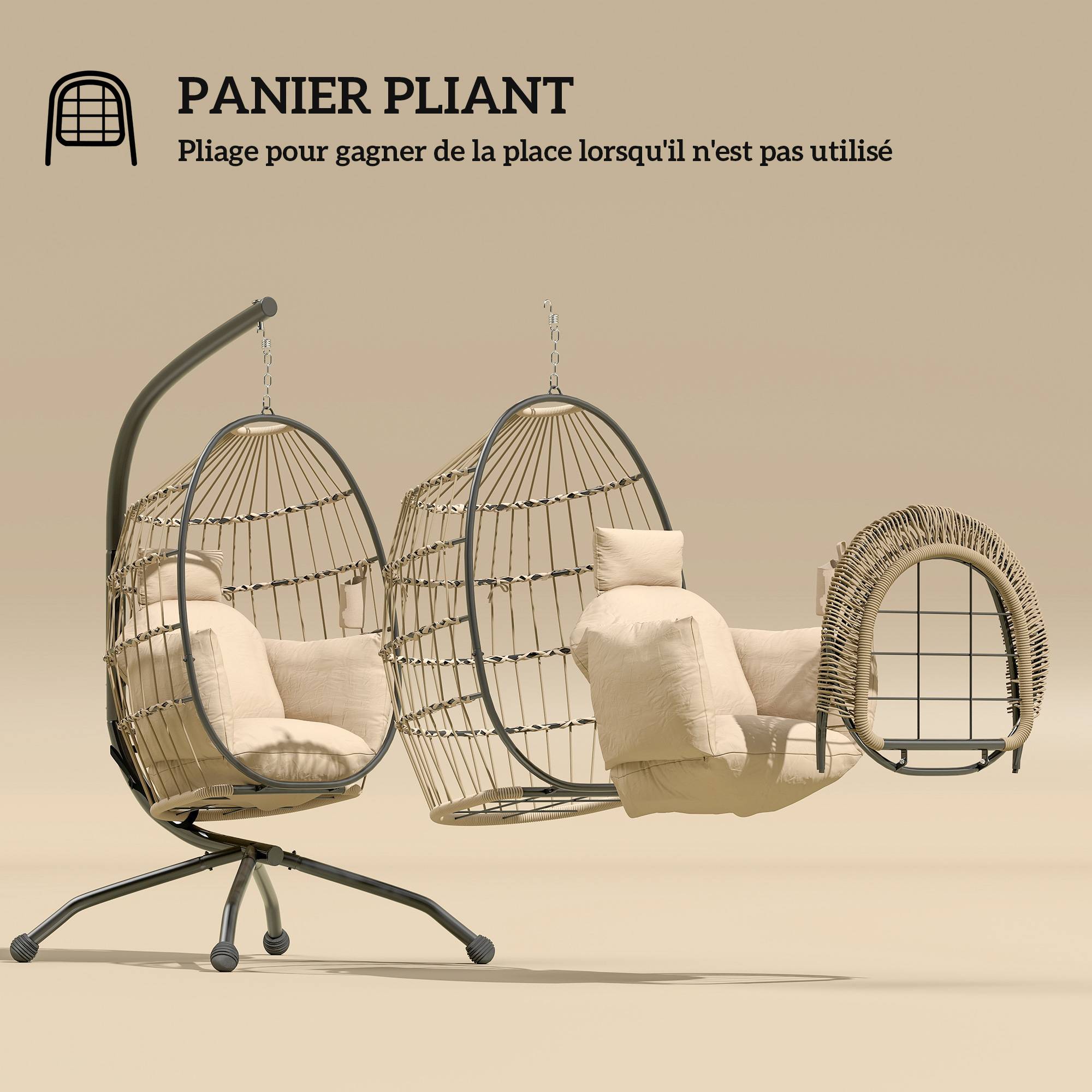 Fauteuil œuf suspendu acier tressé pour terrasse panier pliable coussin rembourré kaki - ComfortXL Outdoor Living - Image 7