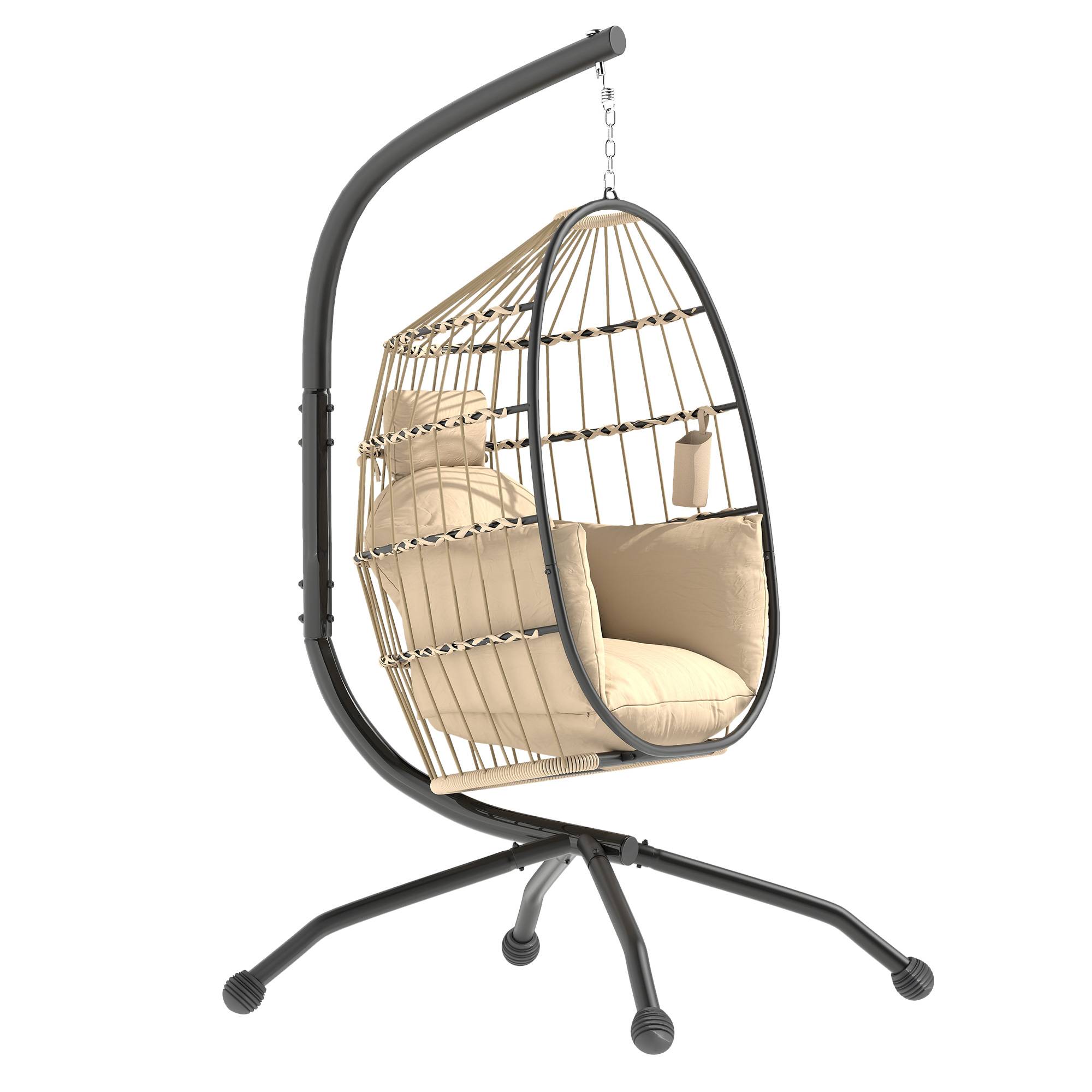 Fauteuil œuf suspendu acier tressé pour terrasse panier pliable coussin rembourré kaki - ComfortXL Outdoor Living - Image 2