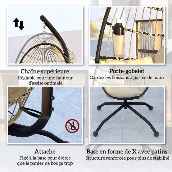 Fauteuil œuf suspendu acier tressé pour terrasse panier pliable coussin rembourré kaki - ComfortXL Outdoor Living - Image 9