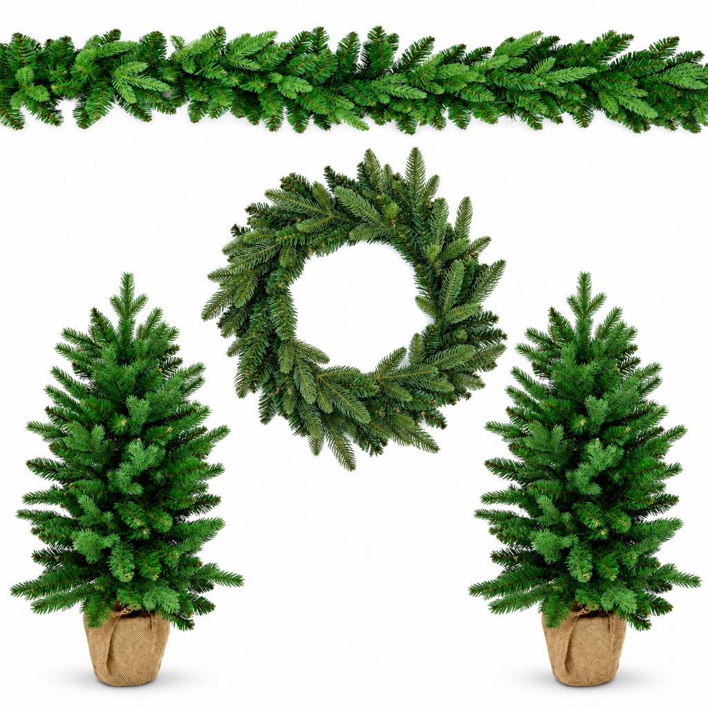 Ensemble décoratif de Noël avec 2 sapins artificiels, couronne et guirlande - Épicéa Commun - Little Grove - Image 1