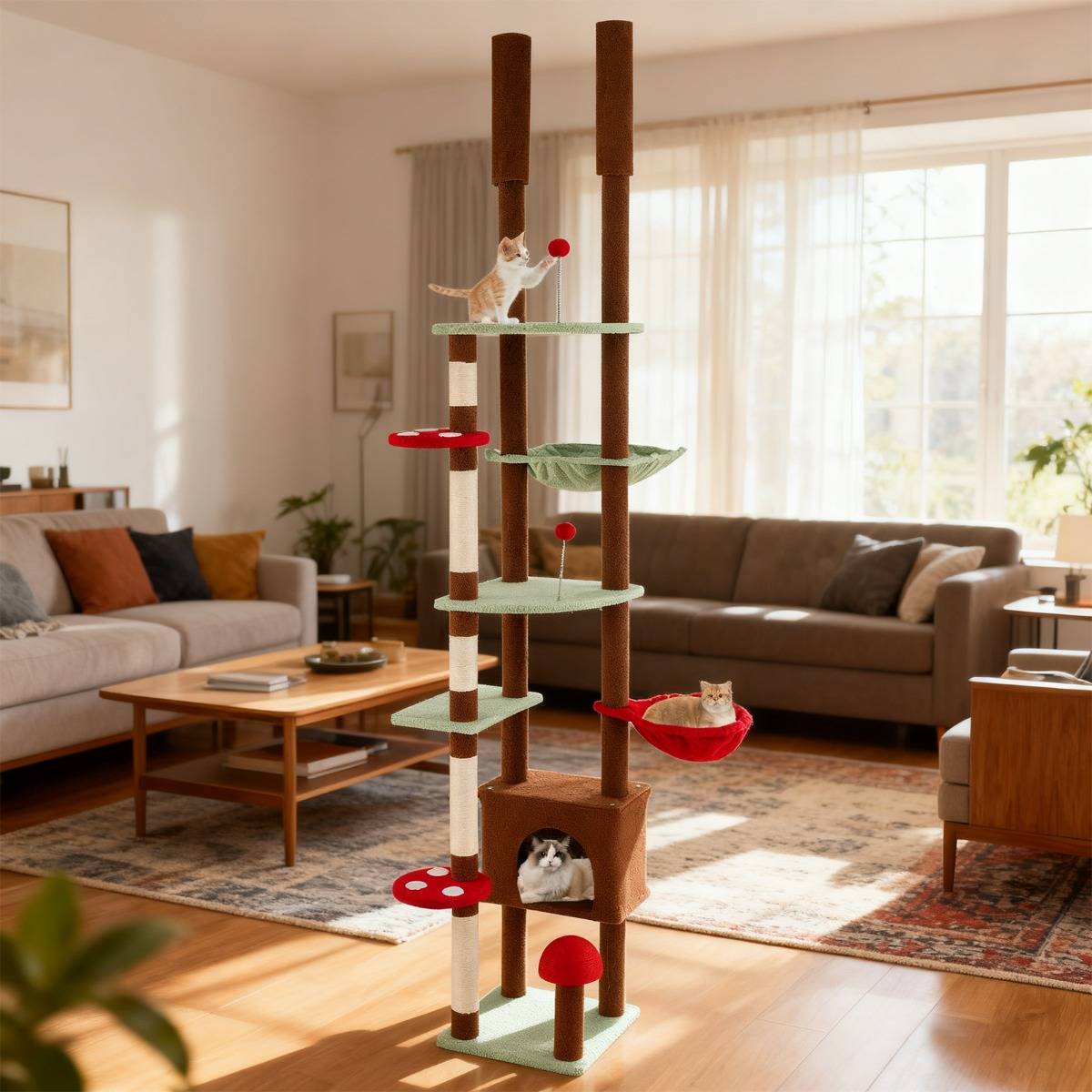 Maison Chic - Arbre à Chat du Sol au Plafond Tour à Chat Hauteur Réglable avec Condo et Hamac Panier Suspendu - Image 2