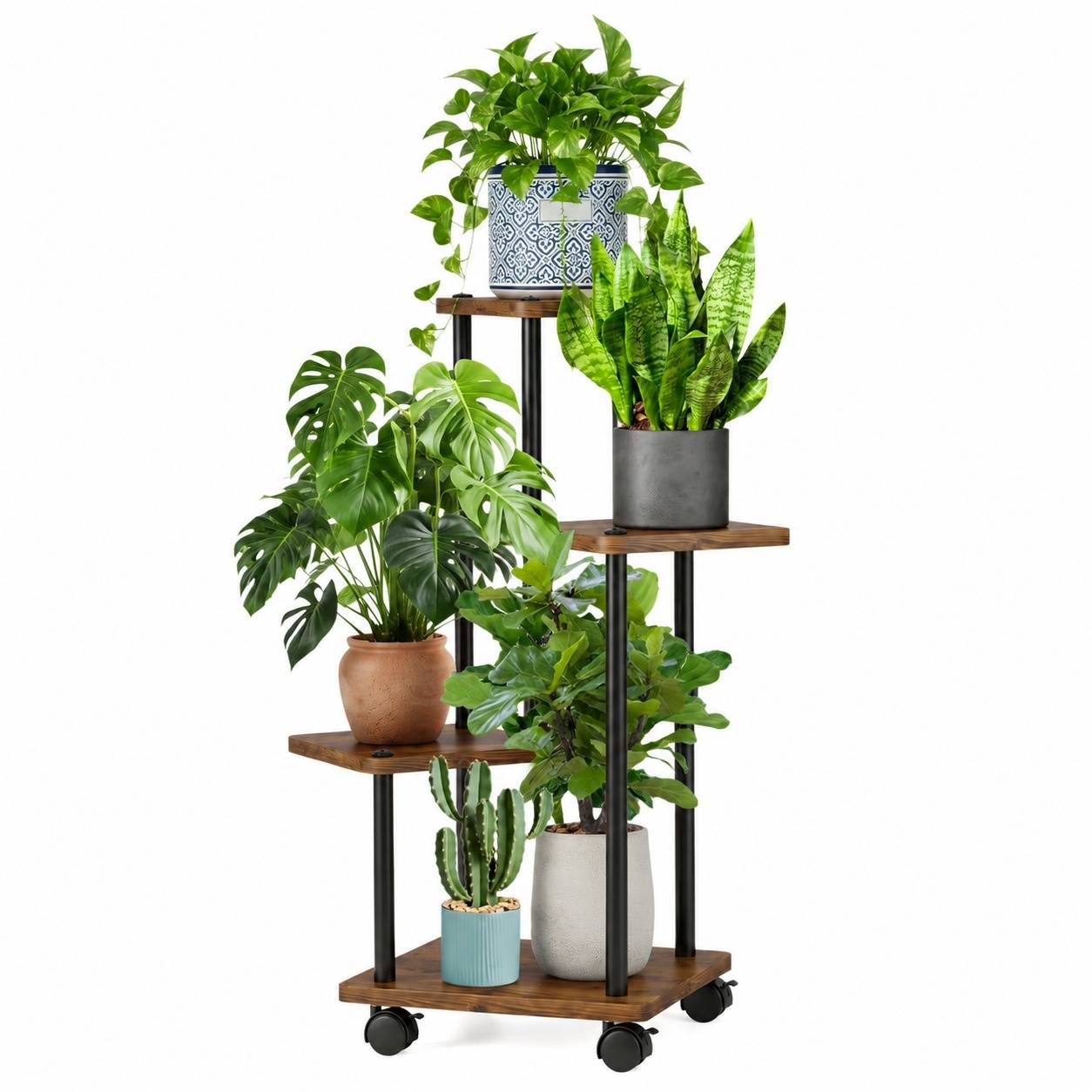 Support à Plantes à 5 Niveaux Roulettes Métal Bois Économiseur d'Espace Polyvalent - Image 1