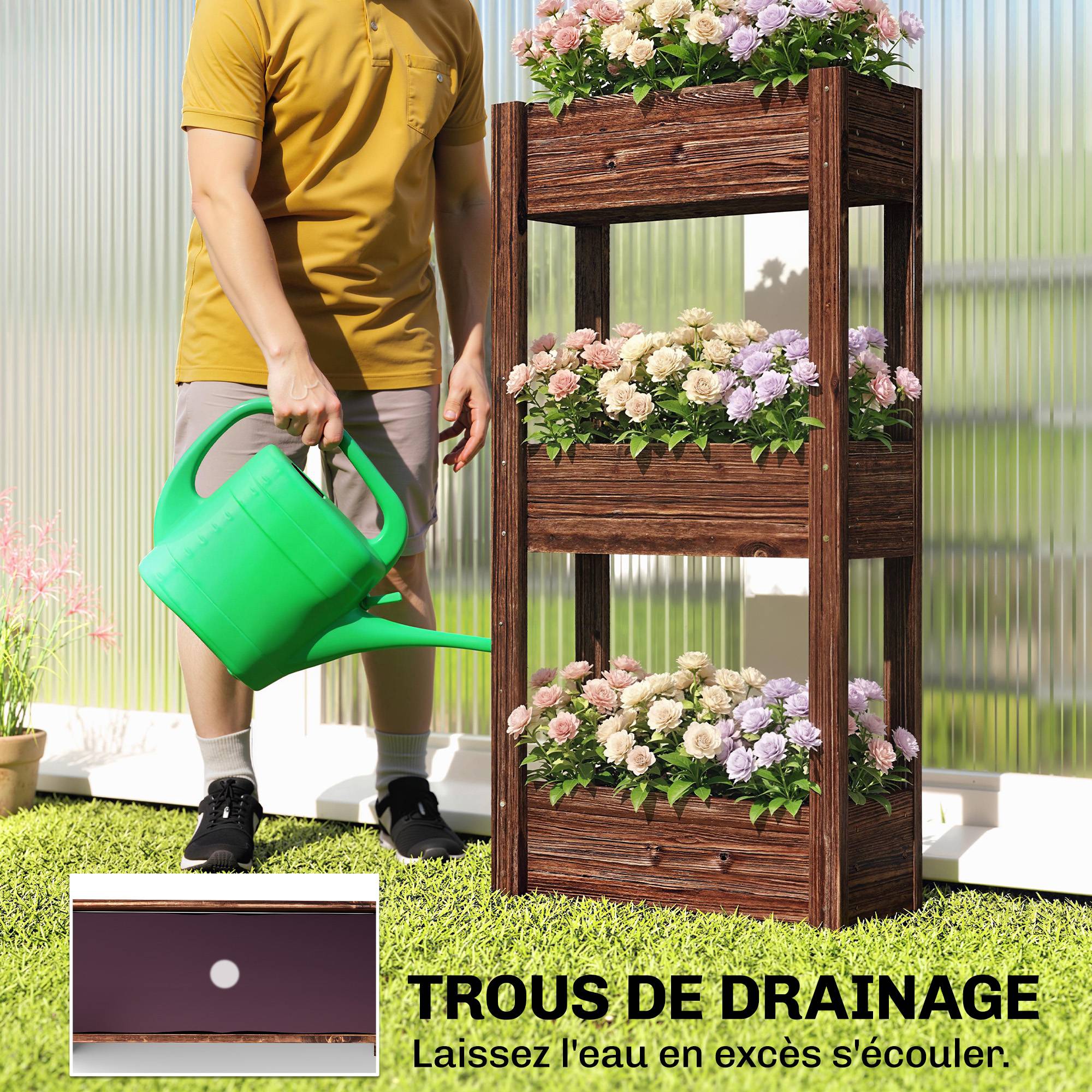 Jardinière sur pieds bois de sapin marron 60 x 25 x 120 cm - PANGIVO - Image 8