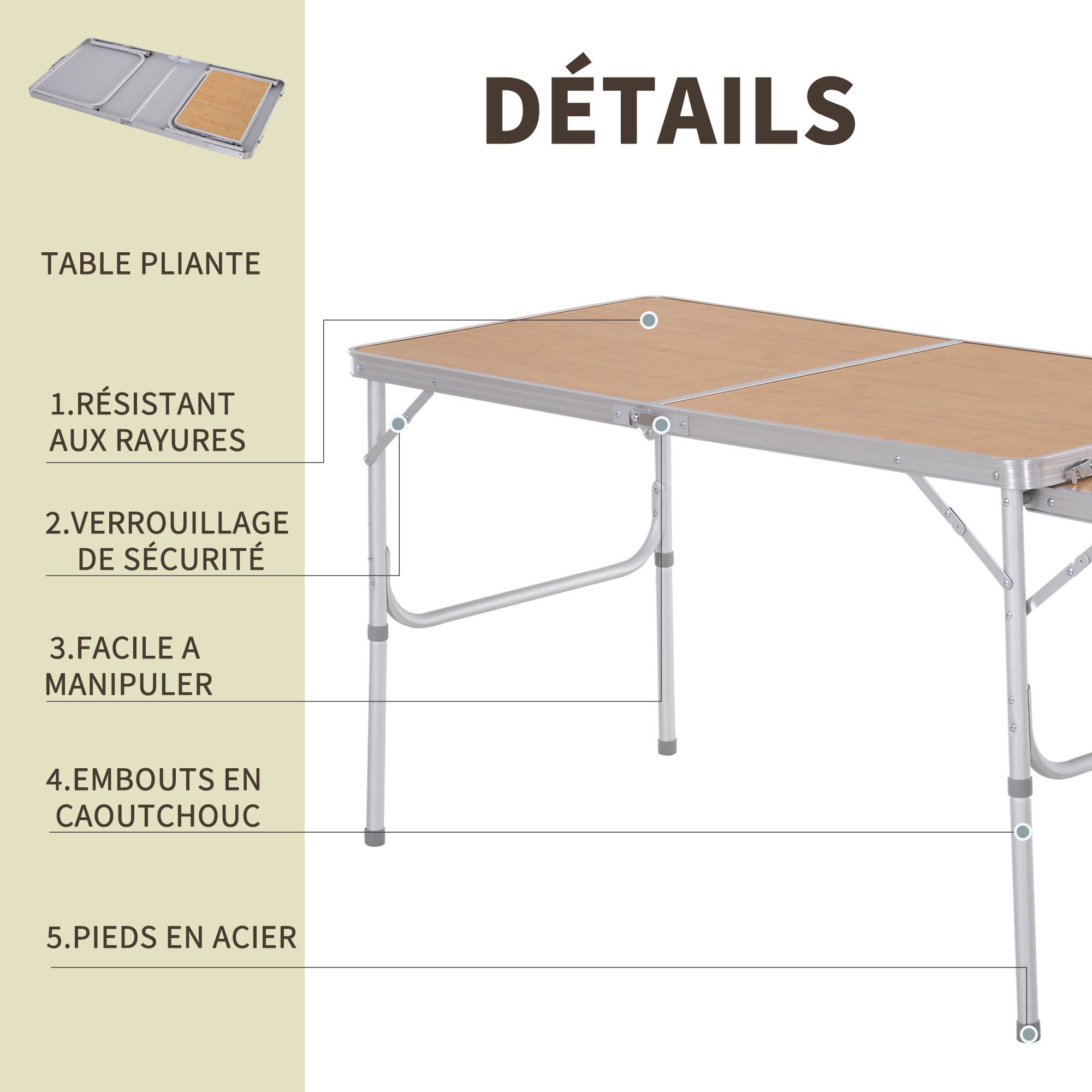 PANGIVO - Table de camping pliante aluminium et MDF imitation bambou 120 x 60 x 70 cm - PANGIVO - Image 8