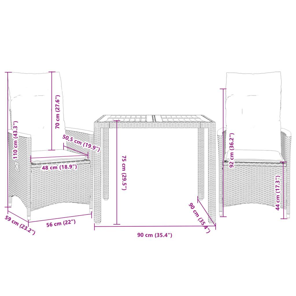 Salon de Jardin 2 Personnes Noir, 2 Fauteuils à Dossier Réglable et Table avec Plateau en Bois d'Acacia – ComfortXL Outdoor Living - Image 7