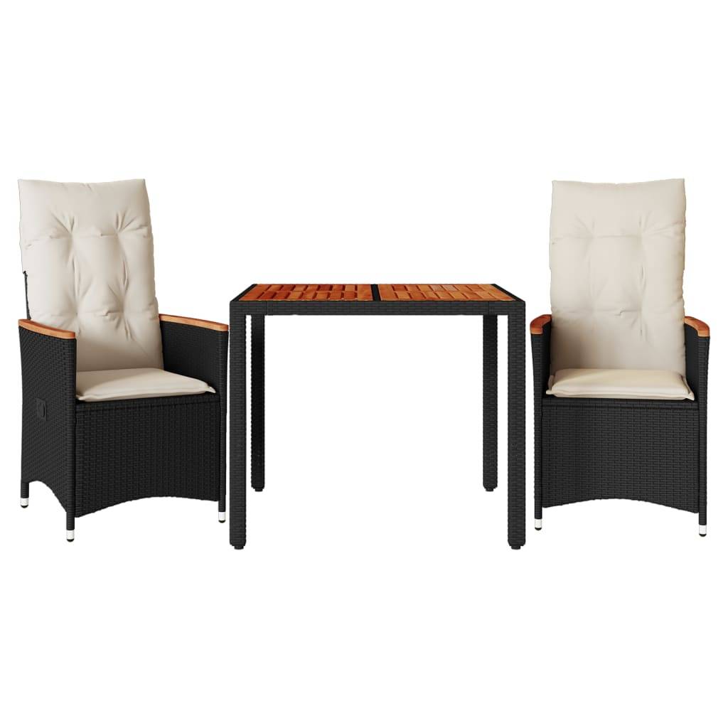Salon de Jardin 2 Personnes Noir, 2 Fauteuils à Dossier Réglable et Table avec Plateau en Bois d'Acacia – ComfortXL Outdoor Living - Image 2