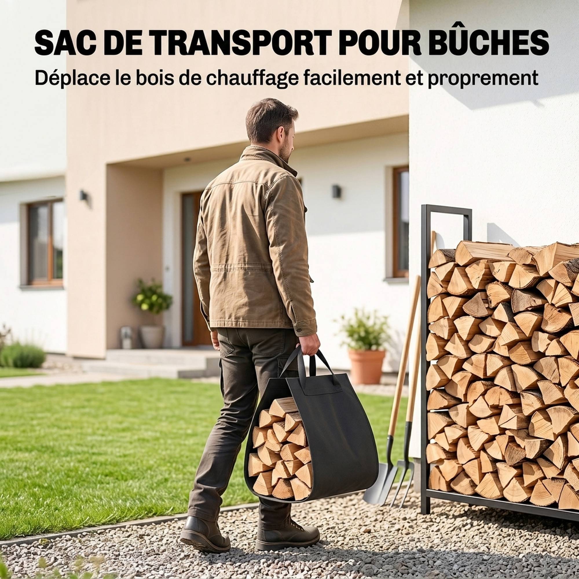 ComfortXL - Serviteur de cheminée en métal noir 30 x 22 x 86 cm avec sac à bûches et 4 outils pour foyer et brasero - Image 5