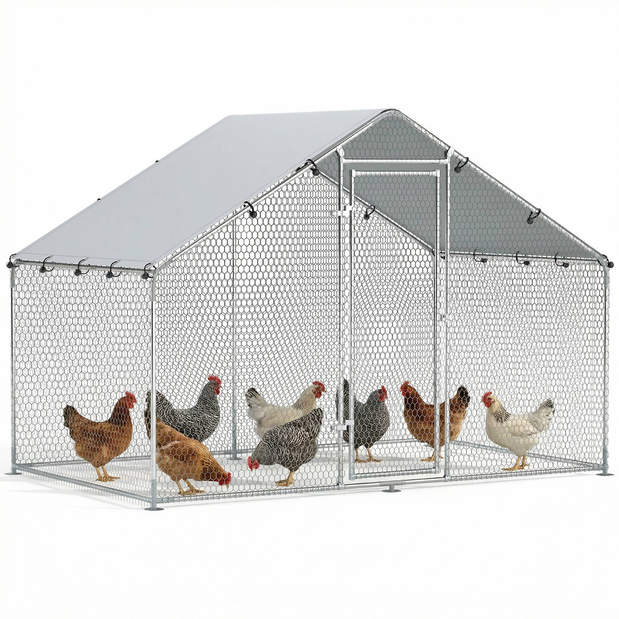 Sans Marque - Poulailler 5-8 poules toit bâche porte verrouillable acier 5,1 m² 3x1,7x1,9 m