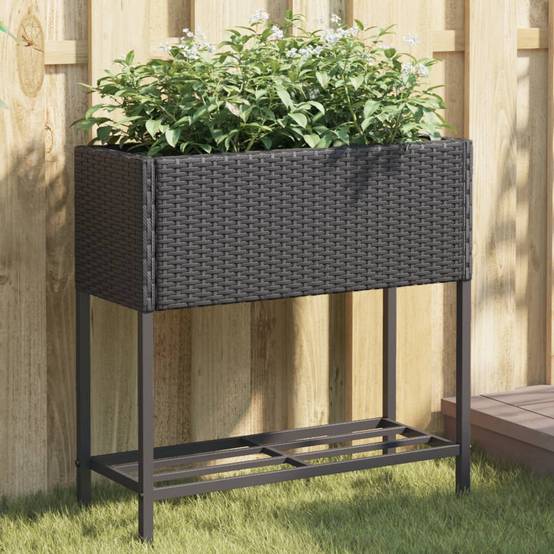Jardinière, Bac à fleurs, Pot de fleurs avec étagère noir résine tressée - Image 2