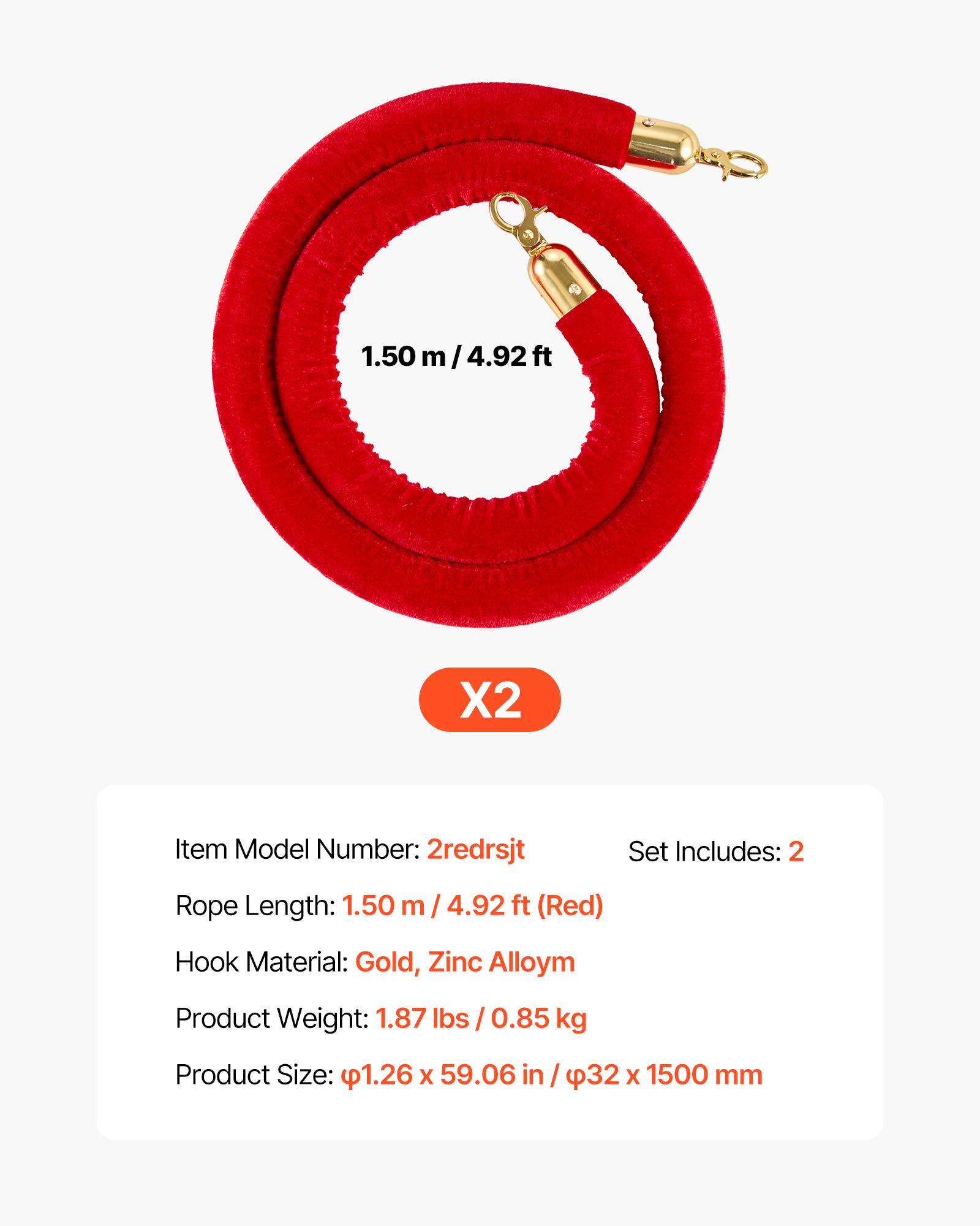 Vevor - VEVOR Cordon pour Poteau de Guidage en Velours Rouge 2PCs 1,5 m Crochets Dorés - Image 7