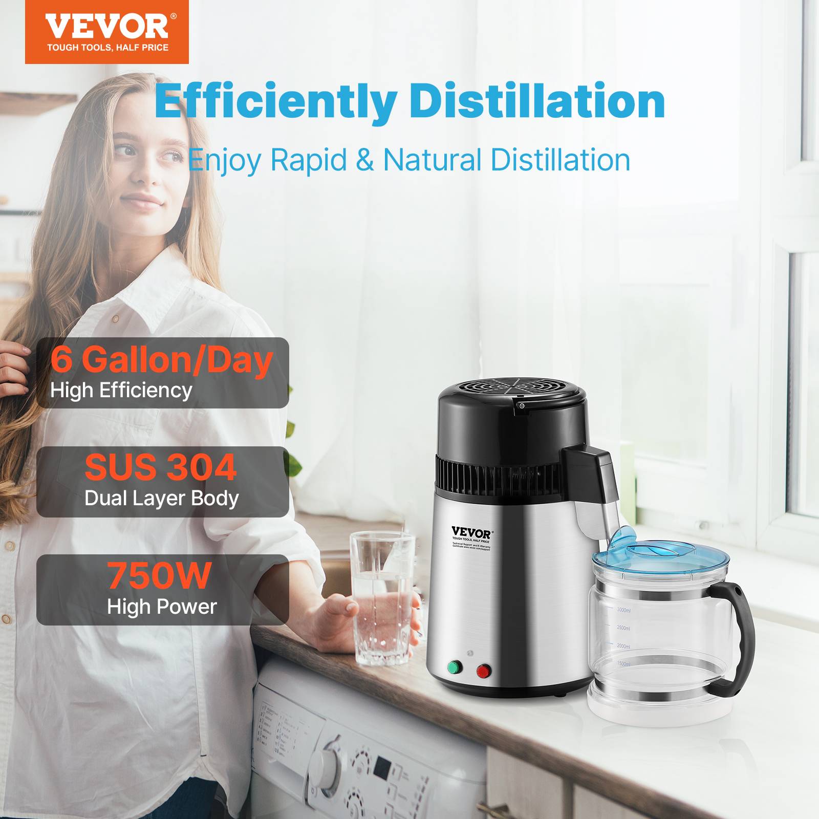 VEVOR Distillateur d'eau 4L inox, 1L/h (24L/jour), haut rendement, pour purification eau robinet, maison/bureau. - Image 2