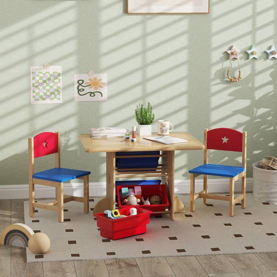 Table enfant avec 2 chaises ensemble 3 pièces bois avec 4 bacs rangement, bois naturel - Image 4