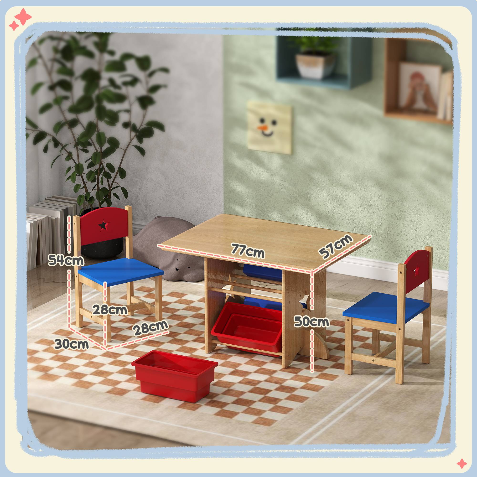 Table enfant avec 2 chaises ensemble 3 pièces bois avec 4 bacs rangement, bois naturel - Image 5