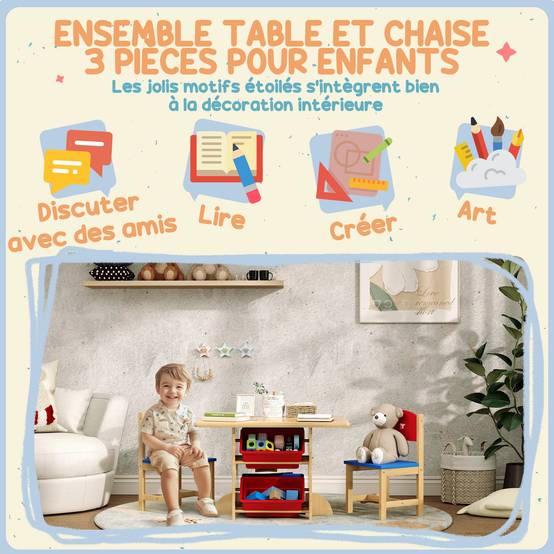 Table enfant avec 2 chaises ensemble 3 pièces bois avec 4 bacs rangement, bois naturel - Image 7