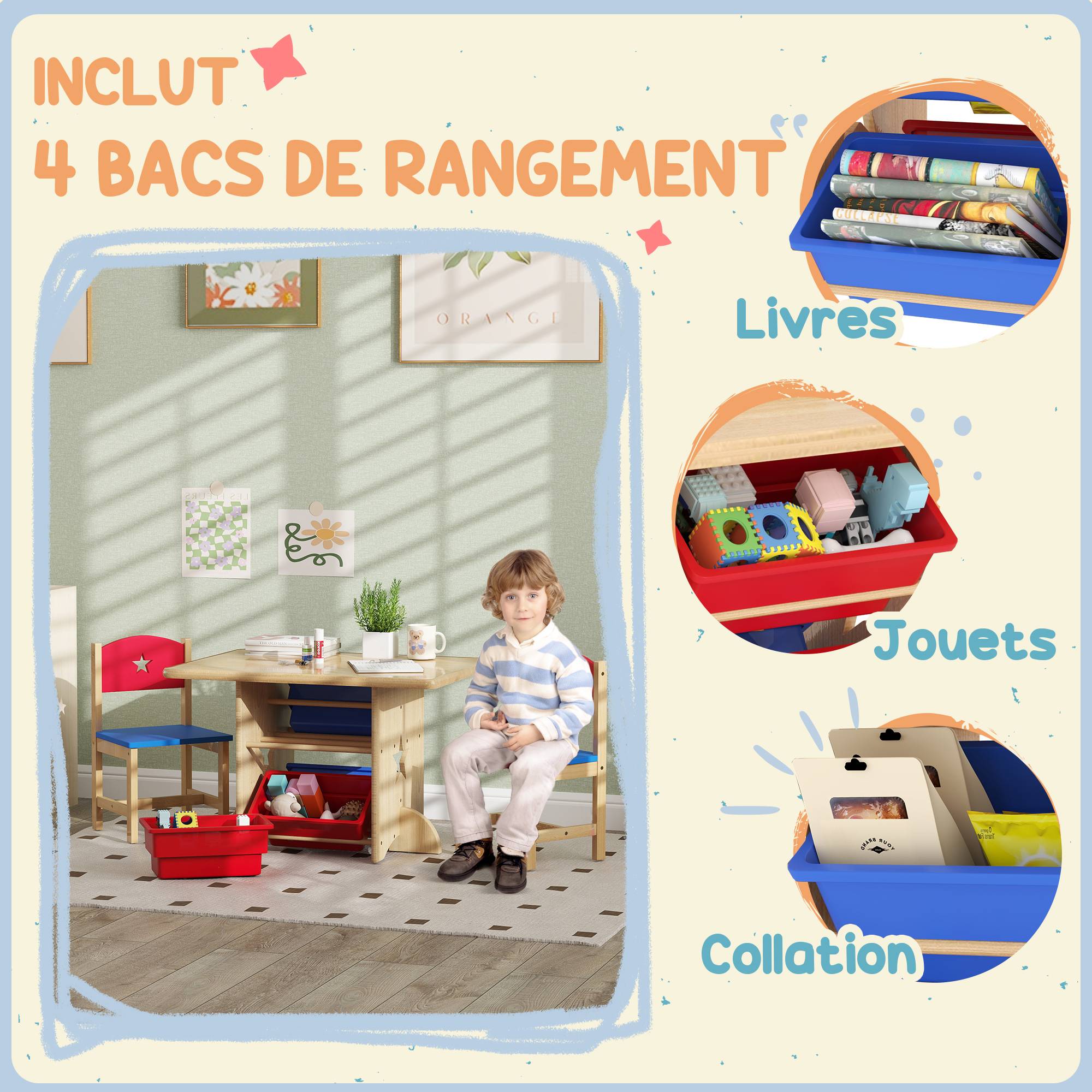Table enfant avec 2 chaises ensemble 3 pièces bois avec 4 bacs rangement, bois naturel - Image 6